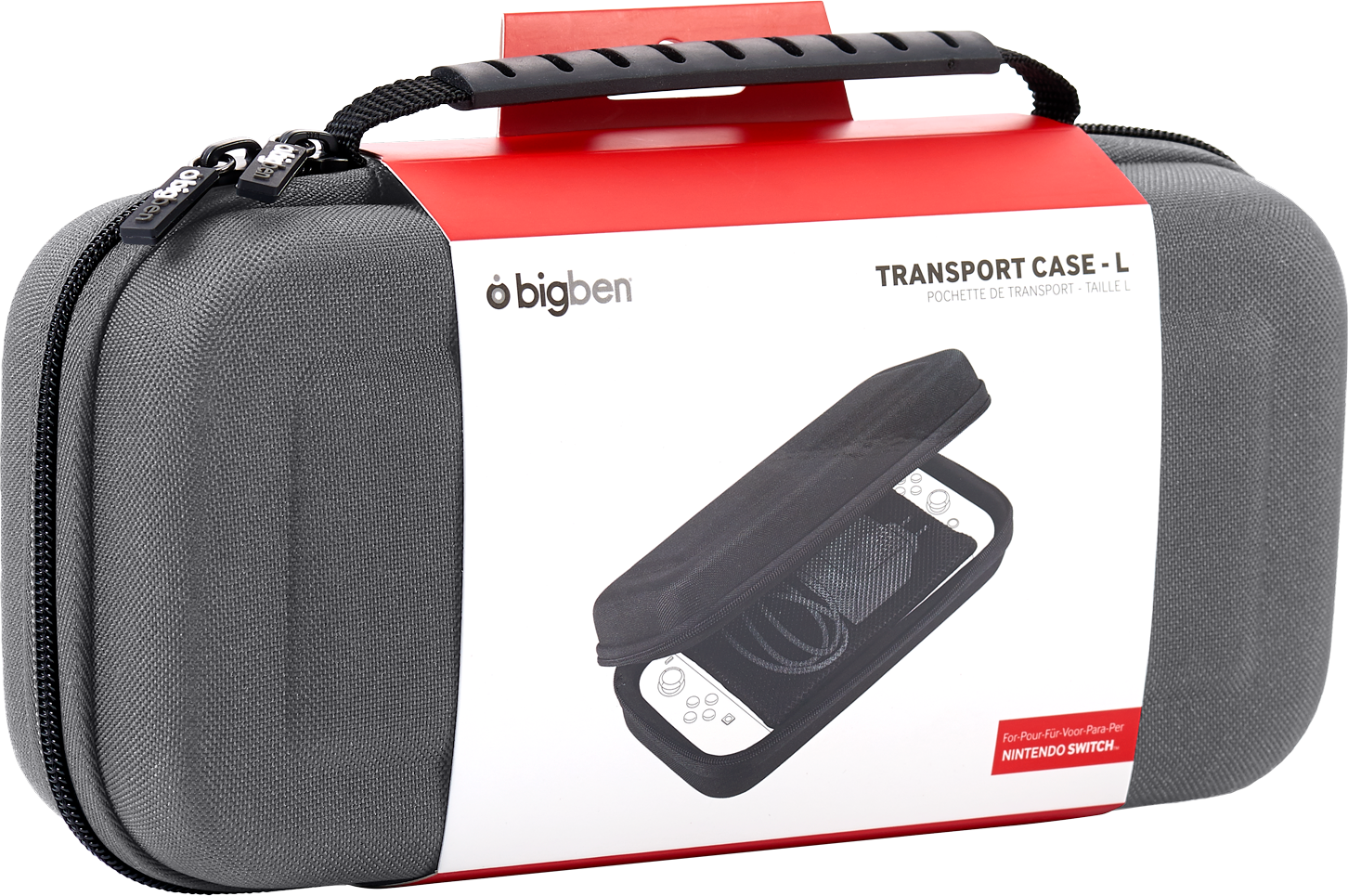 Une housse de transport grise avec une étiquette rouge pour une Nintendo Switch.