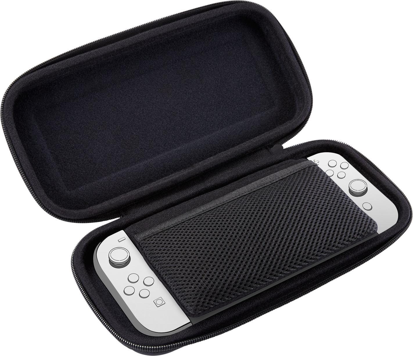 Étui noir ouvert avec console de jeu argentée à l'intérieur. Couverture en maille noire protège.