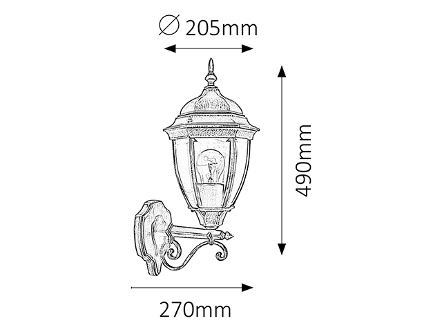 Egy kültéri lámpa vonalrajza, 205 mm átmérőjű és 490 mm magas méretekkel.