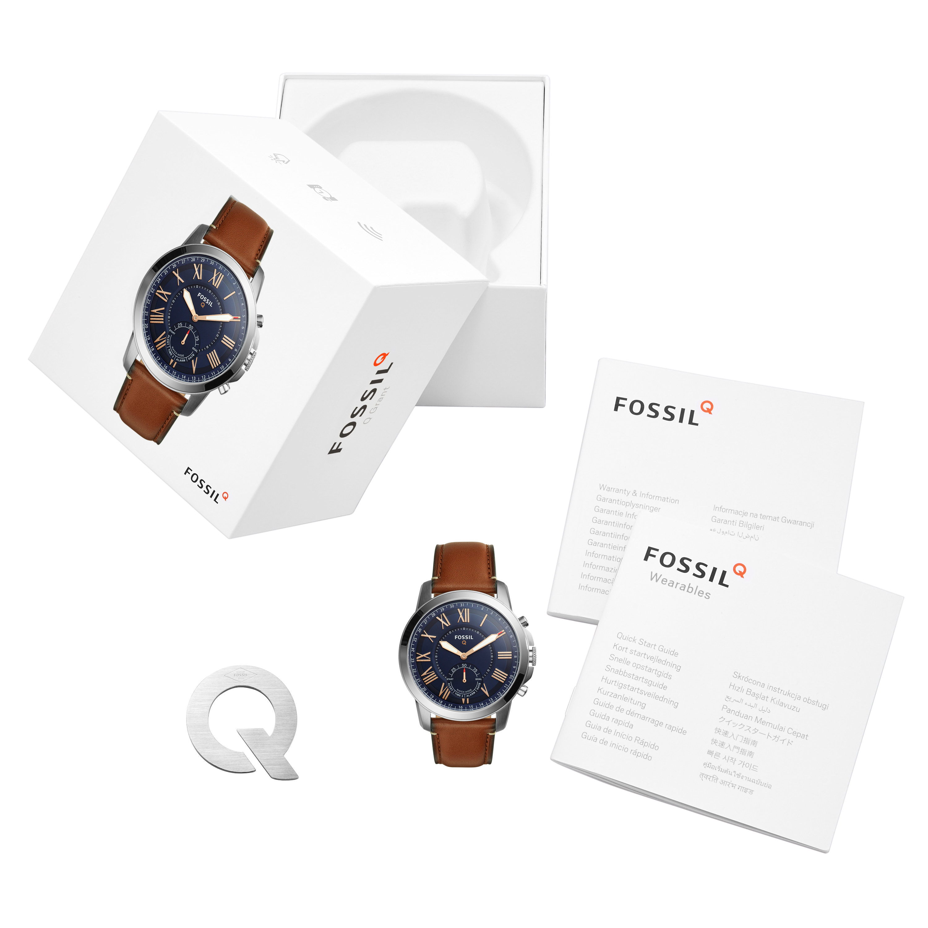 FOSSIL FTW1122 Grant Hybrid Smartwatch Edelstahl Leder, 200 mm, Silber