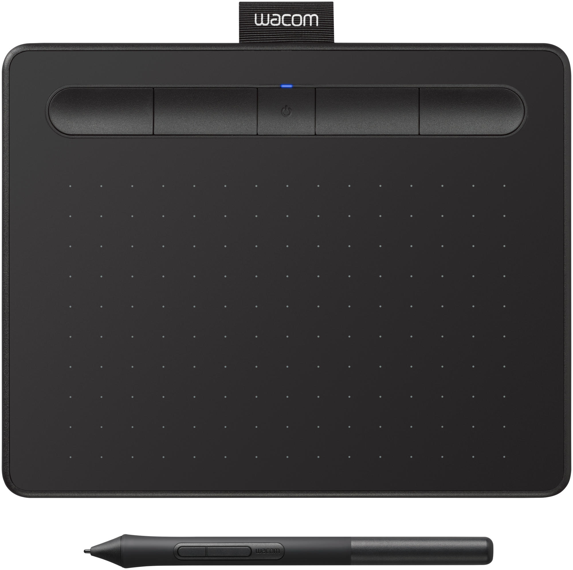 Schwarzes Wacom Grafiktablett mit Touch-Tasten und einem Stift. Das Tablet ist rechteckig, der Stift stiftartig.