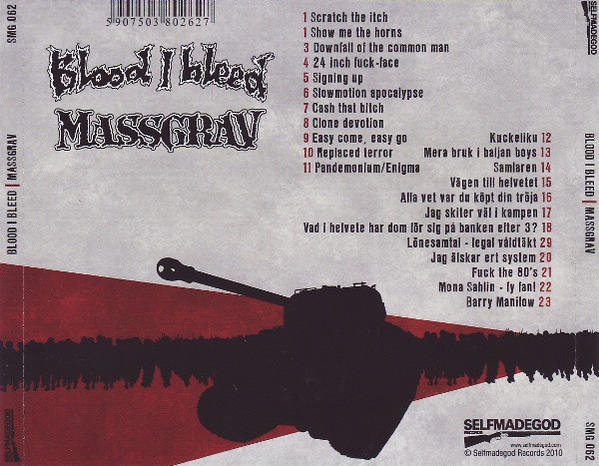 Albumcover mit rotem und schwarzem Design. Titel: Blood I Bleed, Massgrav.  Titelliste und eine Panzerillustration.