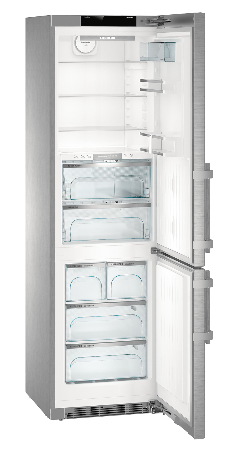 A stainless steel Liebherr refrigerator with open doors, showcasing shelves, drawers, and storage compartments, labeled with brand names.