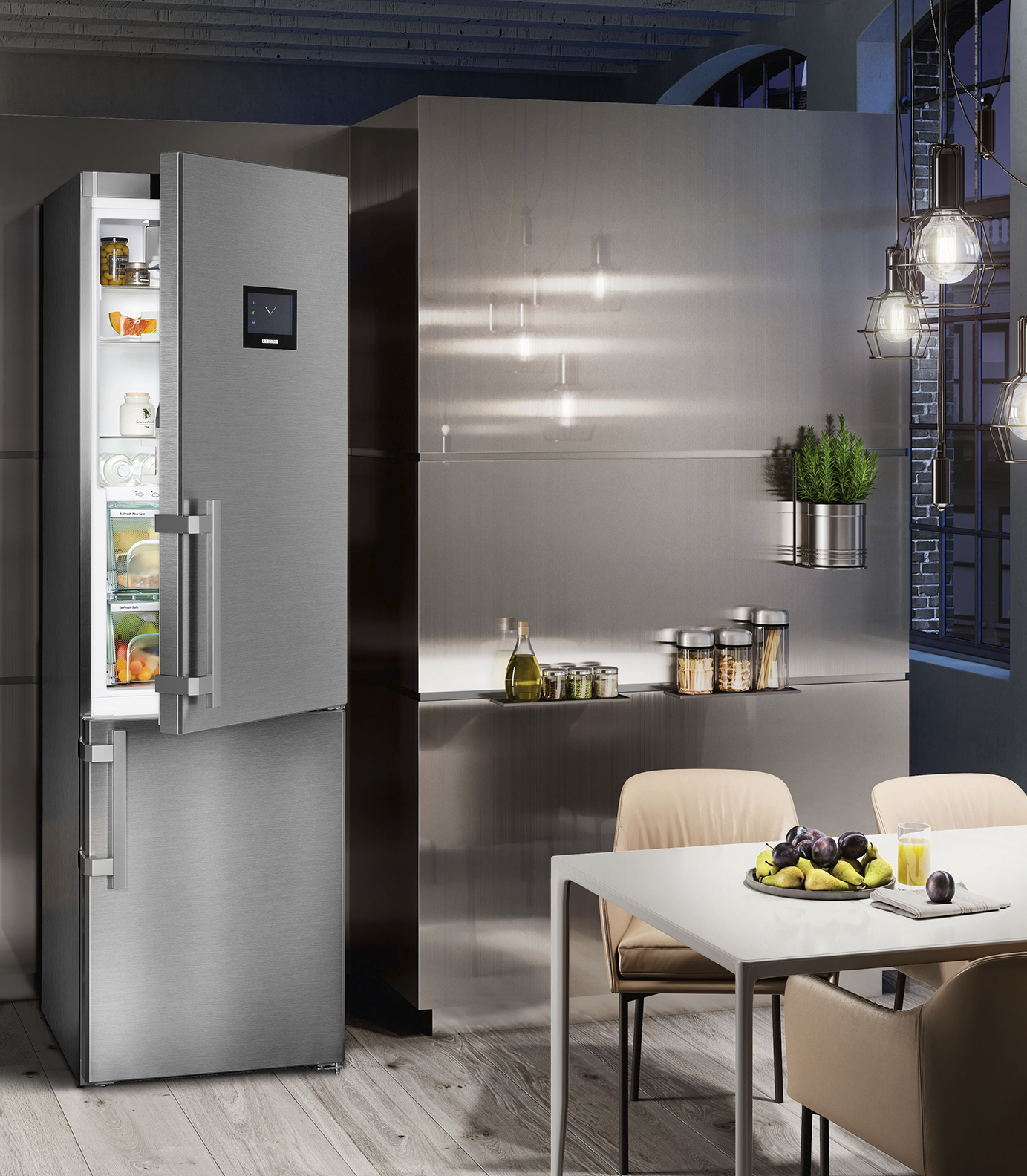 A modern kitchen with an open refrigerator, table with fruit, and hanging lights. The fridge is stainless steel.