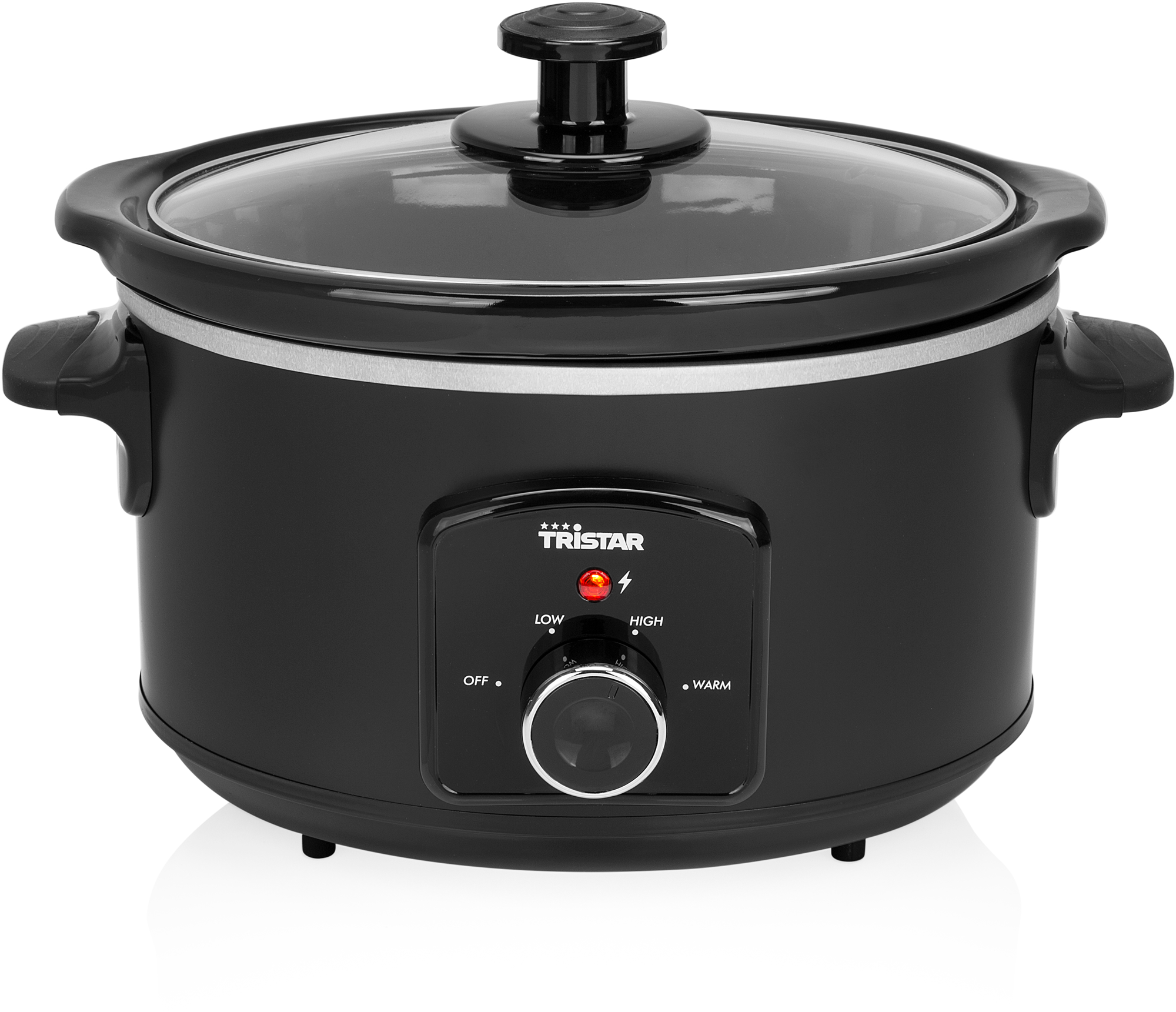 A black slow cooker with a glass lid and a control dial.