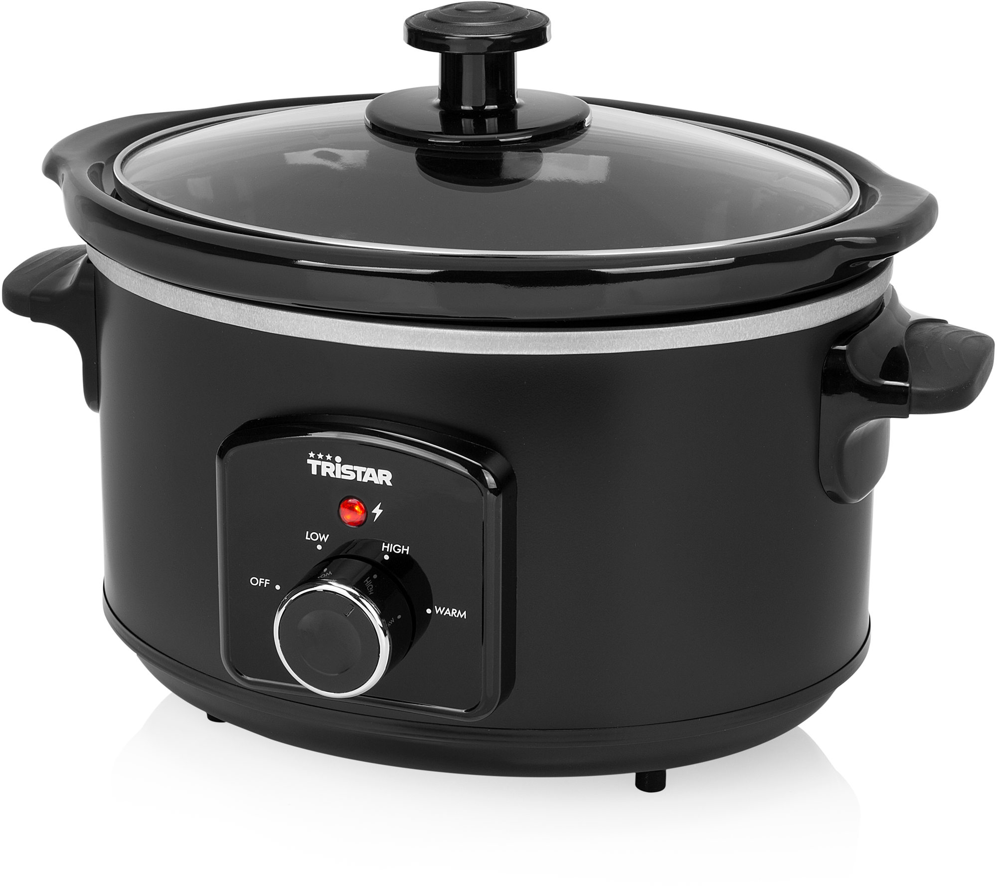 Black slow cooker with glass lid, control panel. Low, High, Warm settings.