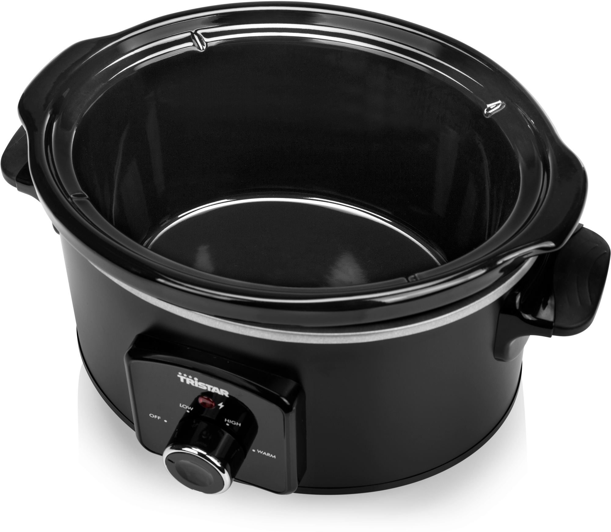 A black Tristar slow cooker with a control panel showing off, low, high and warm.