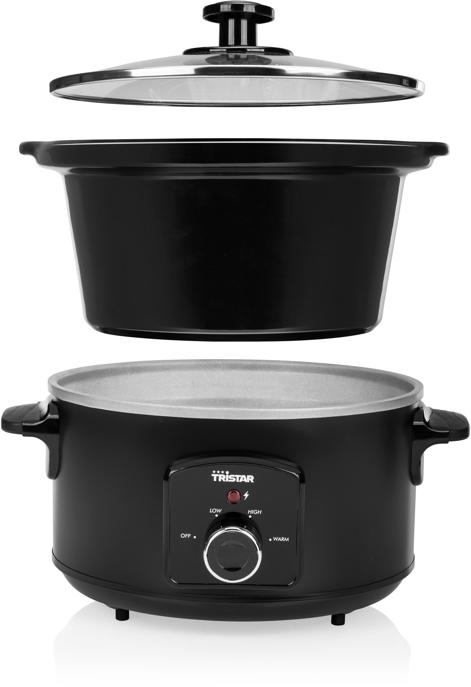 Black slow cooker with a glass lid and control panel.