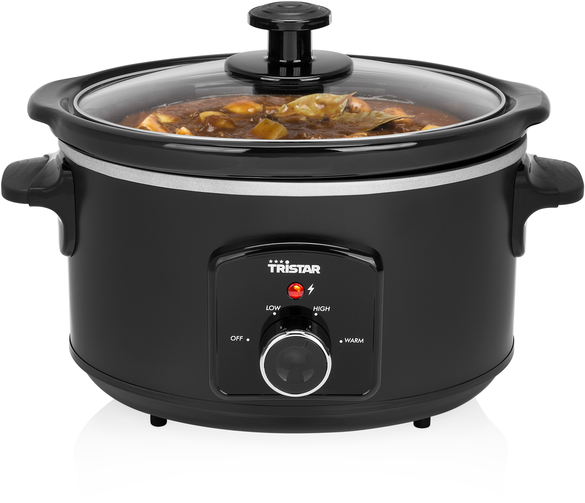 Black Tristar slow cooker with a glass lid. The control panel has settings for low, high, and warm.