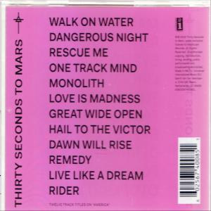 Achterkant van de cd-hoes. Roze achtergrond met songtitels en een barcode. Tekst: 'Thirty Seconds to Mars'.