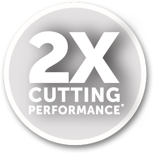 Egy fehér és szürke kör, rajta a 2X CUTTING PERFORMANCE felirattal.