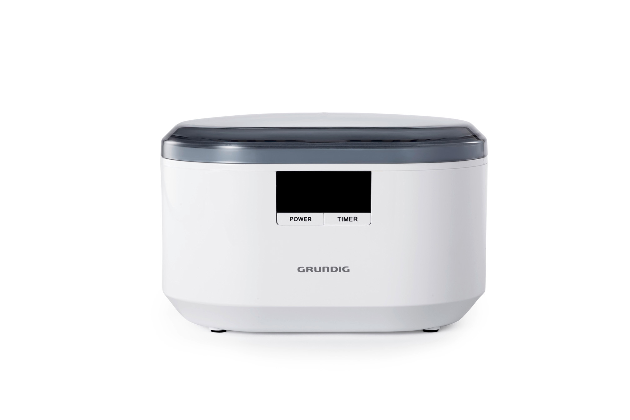 Ein weißes und graues Grundig Ultraschallreinigungsgerät mit digitaler Anzeige, von vorne betrachtet.