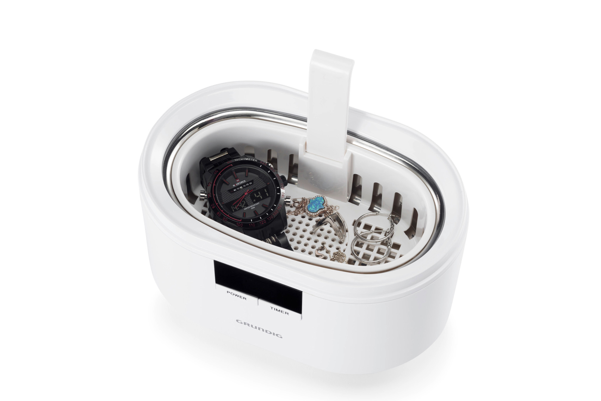 Ein weißes Reinigungsgerät mit Uhr, Schmuck und Timer. Die Marke Grundig ist sichtbar.