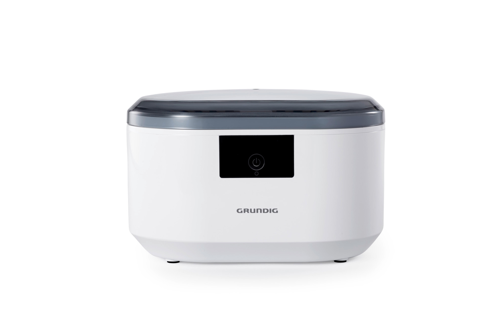 Weißes und graues Grundig-Gerät mit schwarzem Power-Knopf auf der Vorderseite.