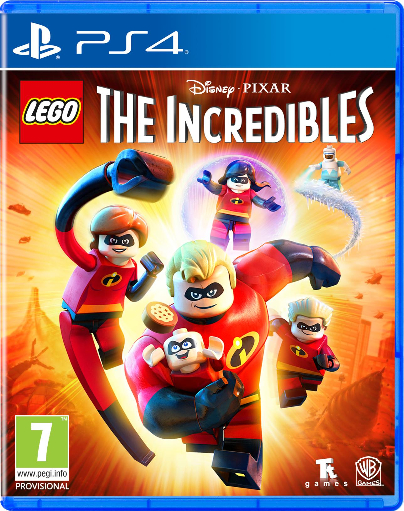 Lego The Incredibles-Spielbox. Die Incredibles-Charaktere sind im Vordergrund, orangefarbener Hintergrund.