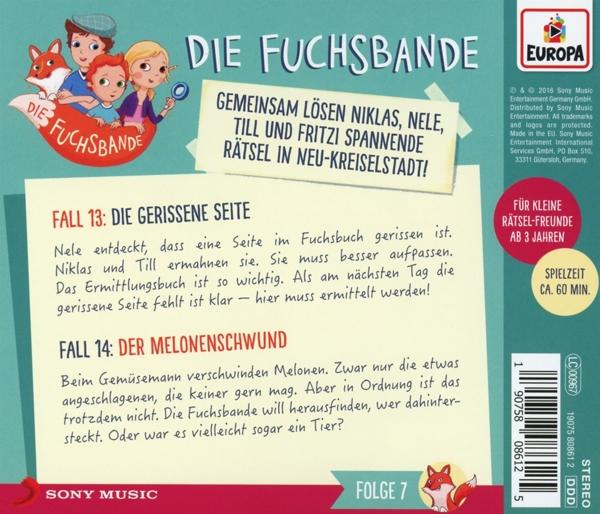 Rückseite eines Kinderbuchs mit dem Titel "Die Fuchsbande" mit Cartoon-Füchsen und Text.