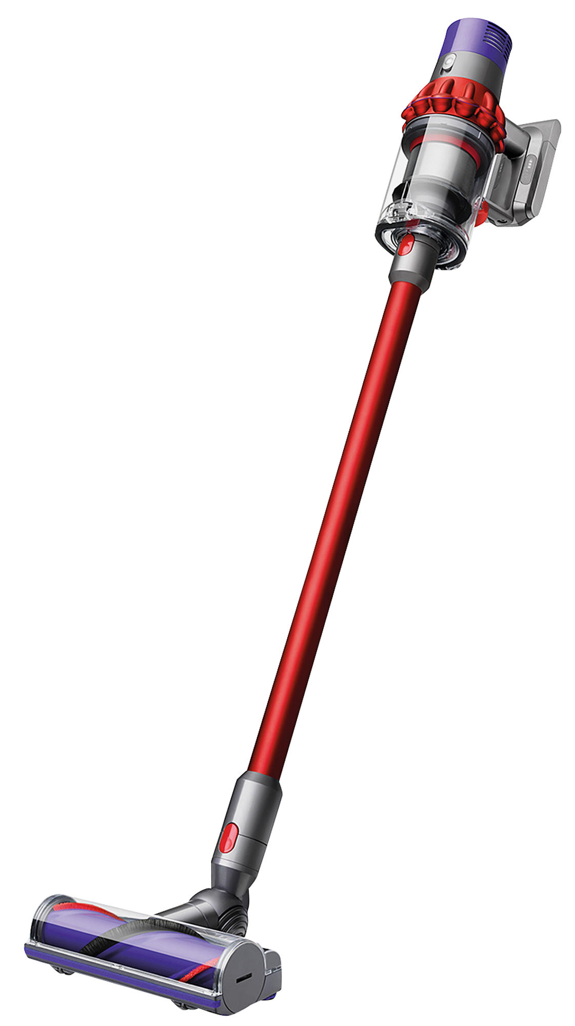 Ein roter und silberner Dyson-Staubsauger steht auf einer weißen Oberfläche.