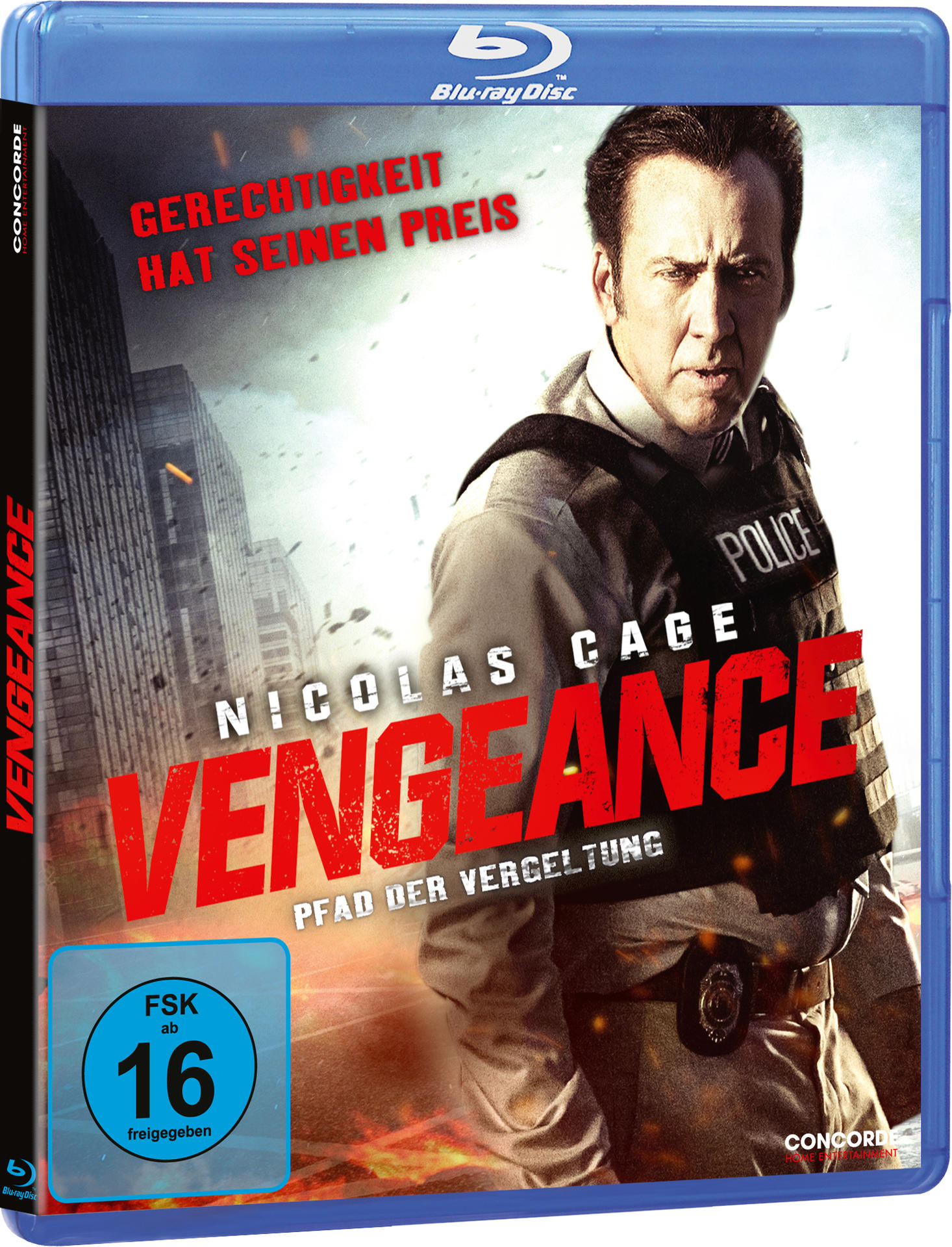 Blu-ray-Disc-Cover für den Film Vengeance, Nicolas Cage ist auf dem Cover. Der Titel ist rot.