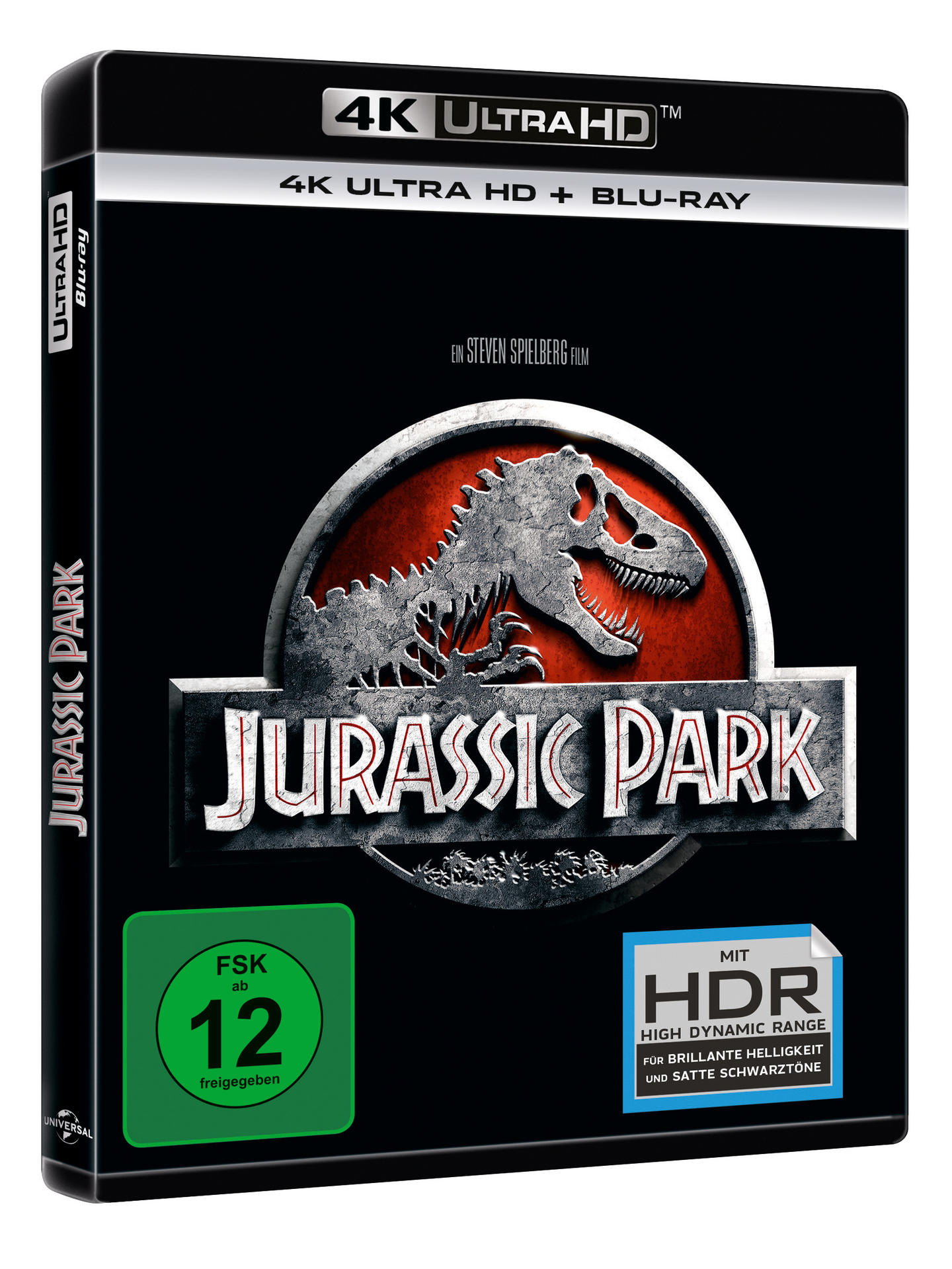 Jurassic Park Blu-ray-Disc-Cover. Zeigt den Filmtitel und eine Dinosaurier-Grafik auf schwarzem Hintergrund.