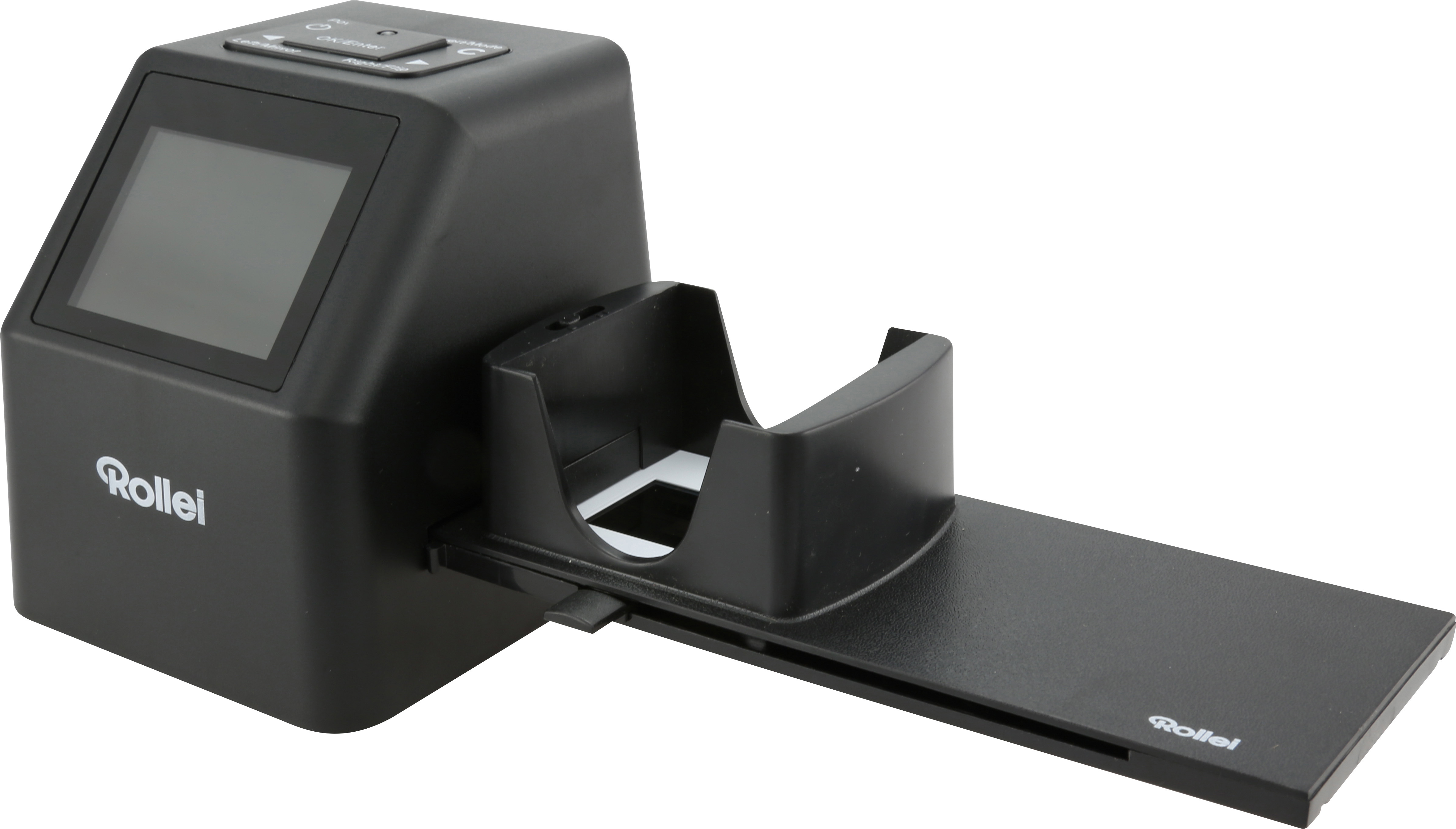 Ein schwarzer Filmscanner mit Bildschirm und Diarutsche auf weißem Hintergrund.
