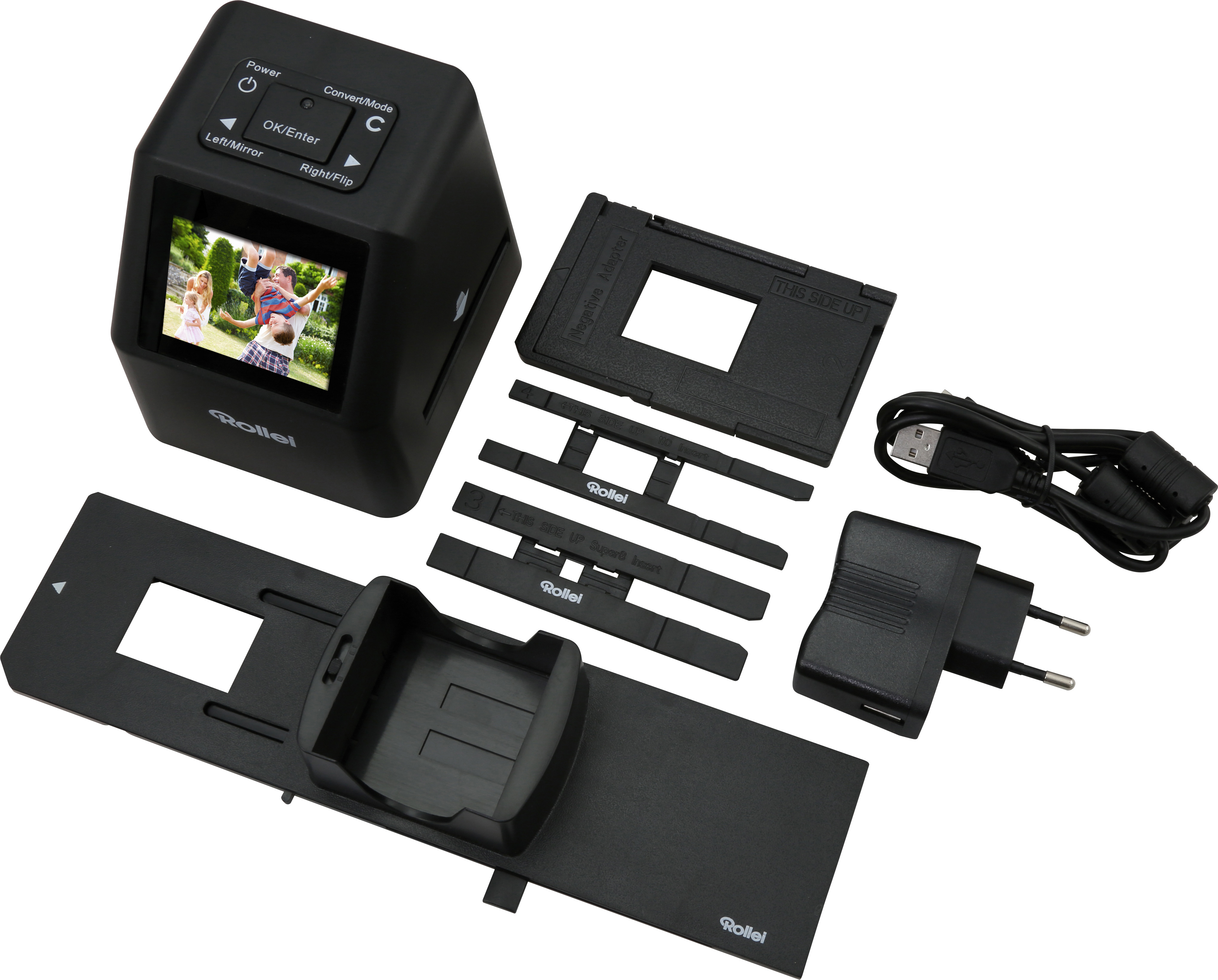 Ein Rollei Filmscanner mit Zubehör, einschließlich eines Bildschirms, der ein Familienfoto zeigt.