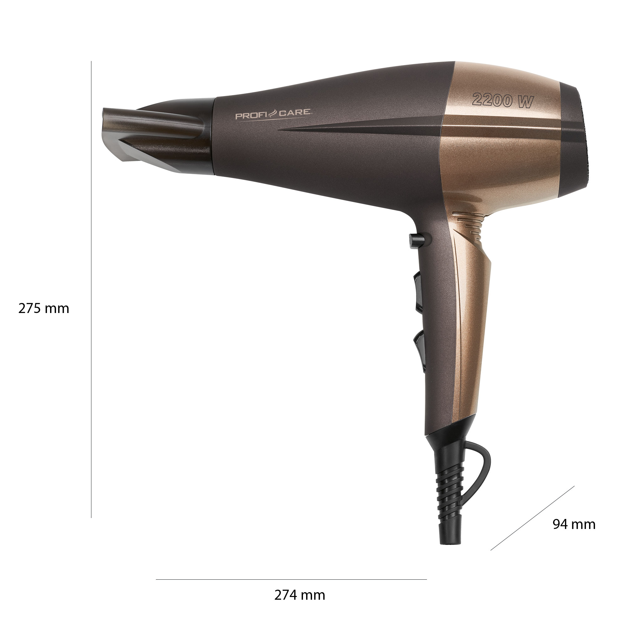 Ein braun-goldener Haartrockner mit Maßangaben. Es ist ein ProfiCare-Modell, 2200W, schwarzer Griff.