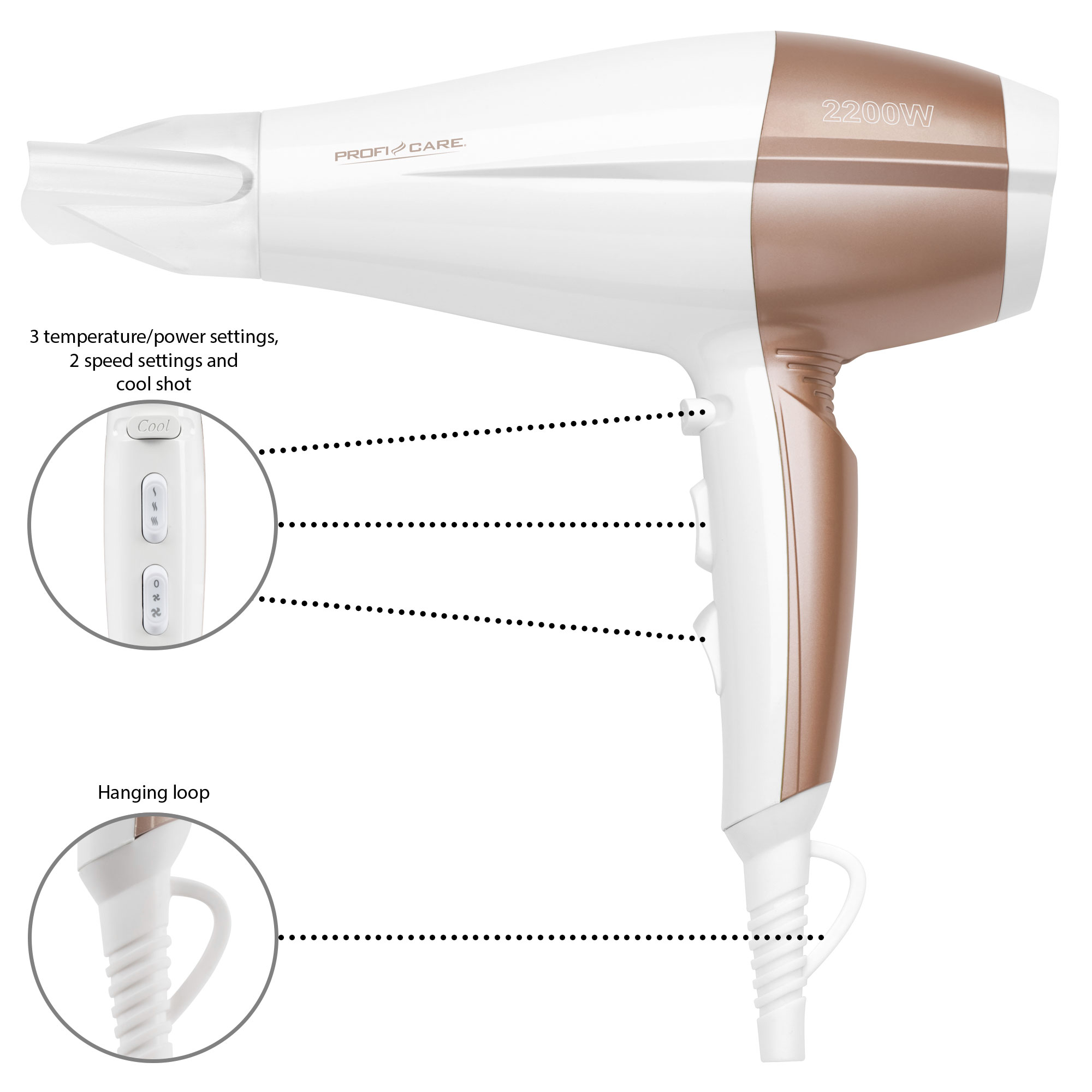 PROFI CARE PC-HT 3010 Haartrockner Watt) Weiß/Champagner (2200