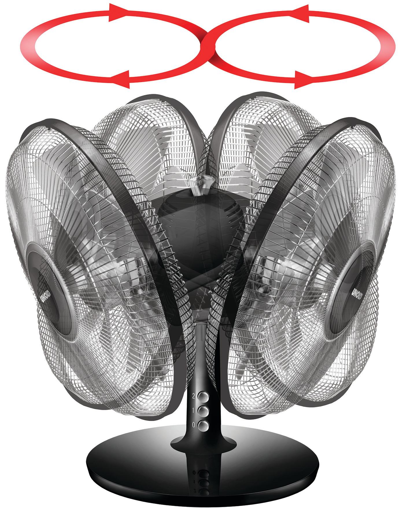 Mehrere Ventilatoren drehen sich, Pfeile zeigen die Drehrichtung, auf weißem Hintergrund.