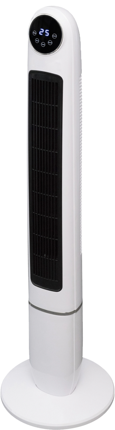 Fehér toronyventilátor digitális kijelzővel és kerek talppal.