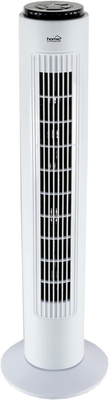Egy magas fehér toronyventilátor fekete tetővel és kerek alappal.