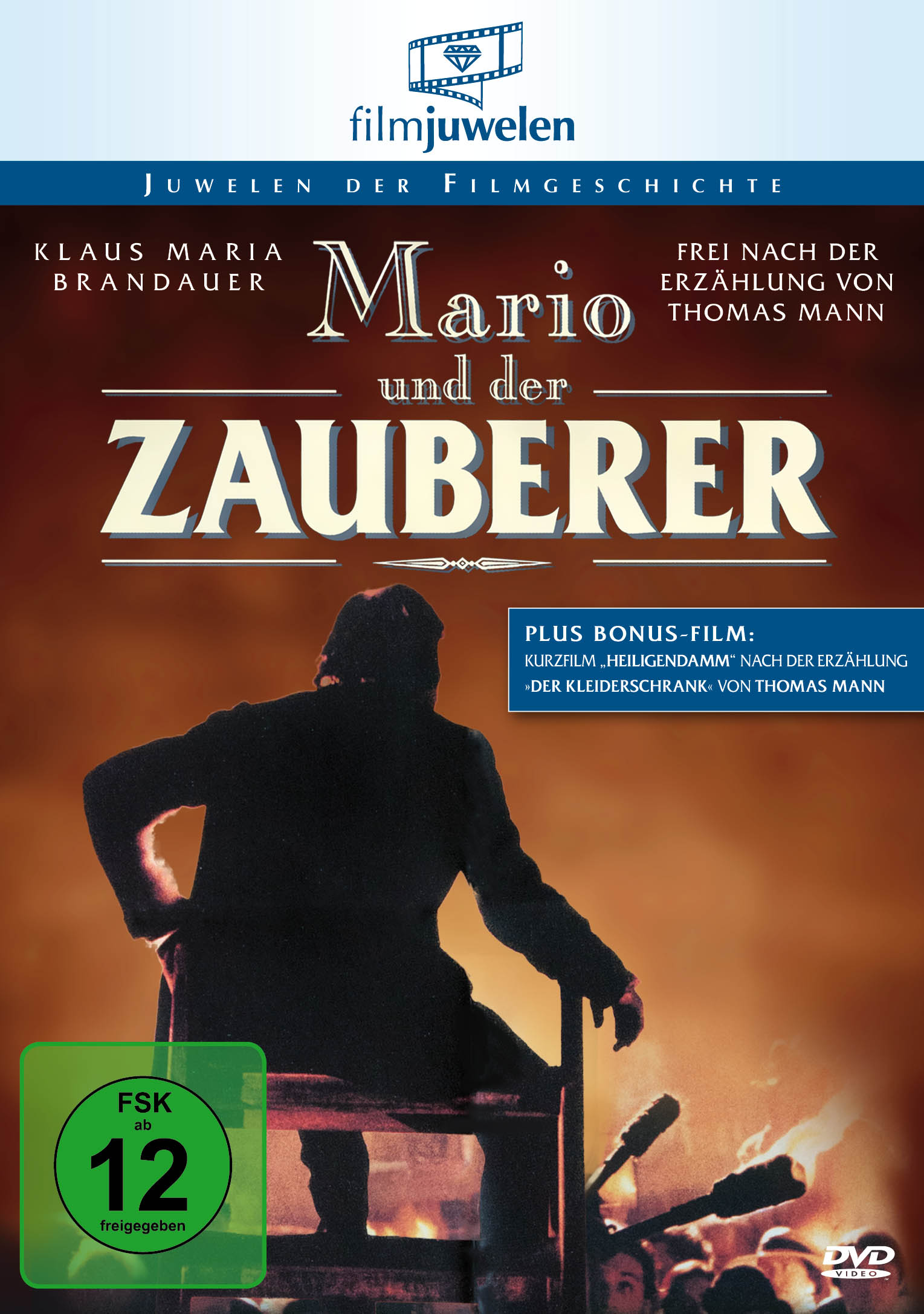 DVD-Cover: Filmtitel „Mario und der Zauberer“ mit Schauspielernamen. Ein Mann sitzt auf einem Stuhl.