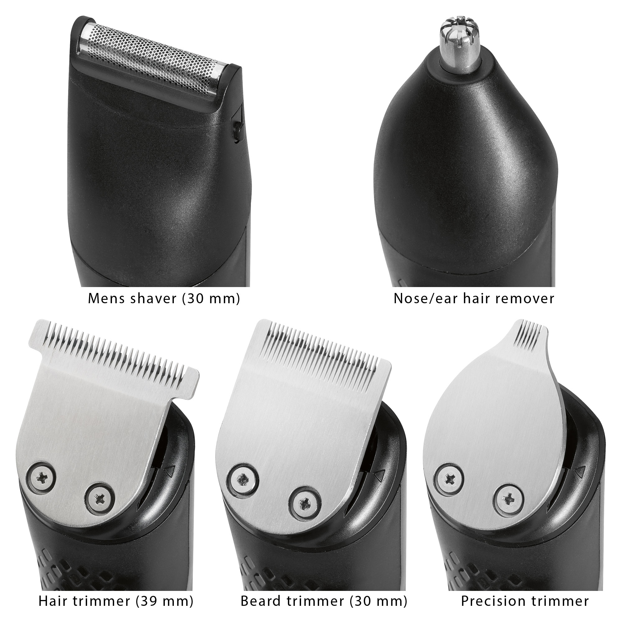 Mehrere Aufsätze eines Herrenrasierers und Trimmers, schwarz und silberfarben.