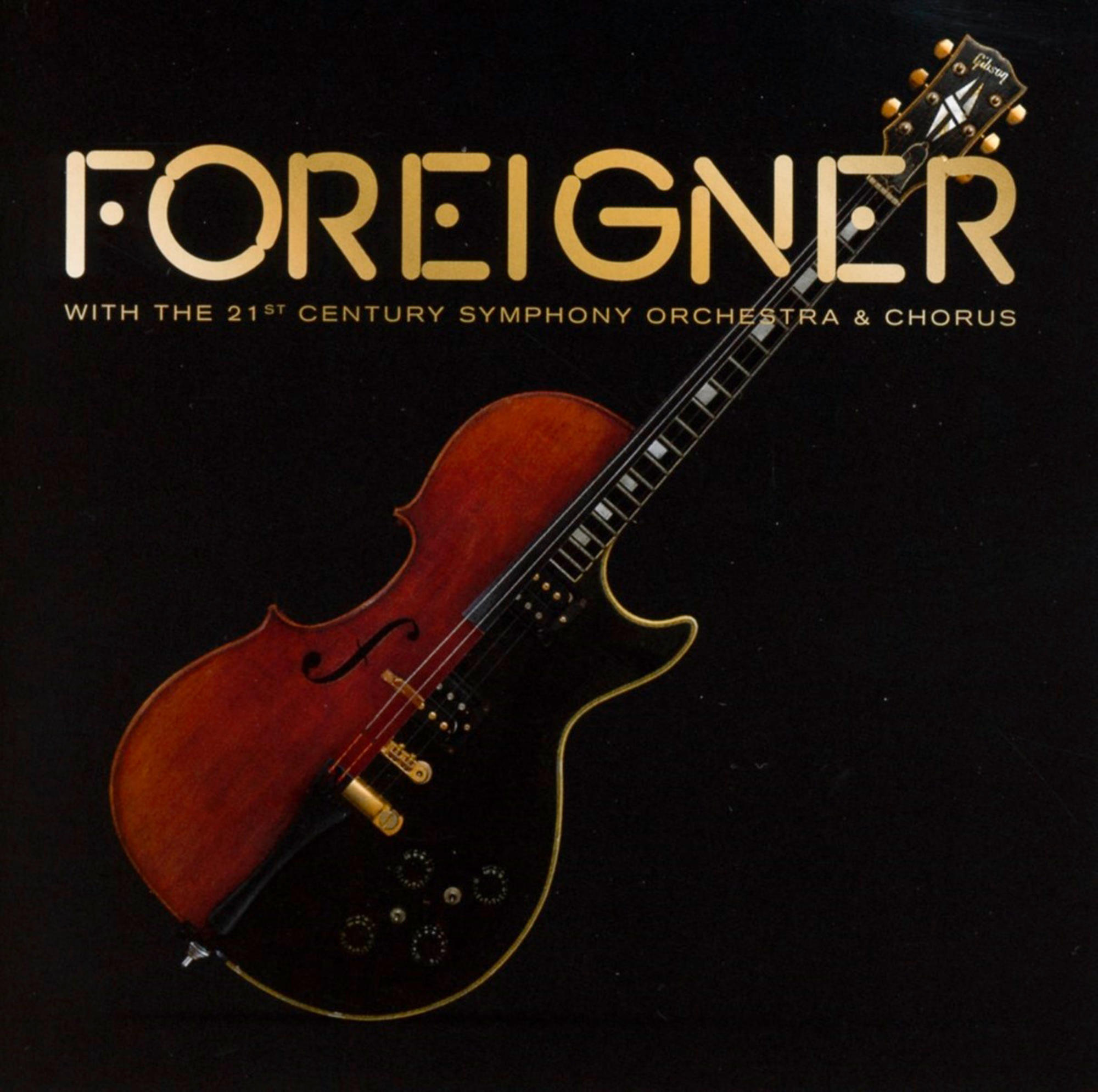Albumcover mit der Band Foreigner und einer Gitarre auf schwarzem Hintergrund.