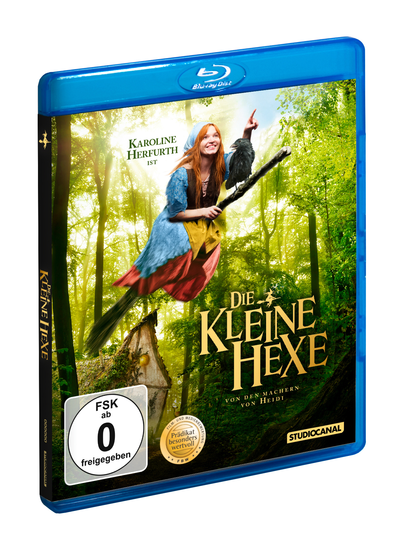 Eine DVD-Hülle. Das Cover zeigt eine Frau auf einem Besen über einem Wald und den Titel „Die Kleine Hexe“.