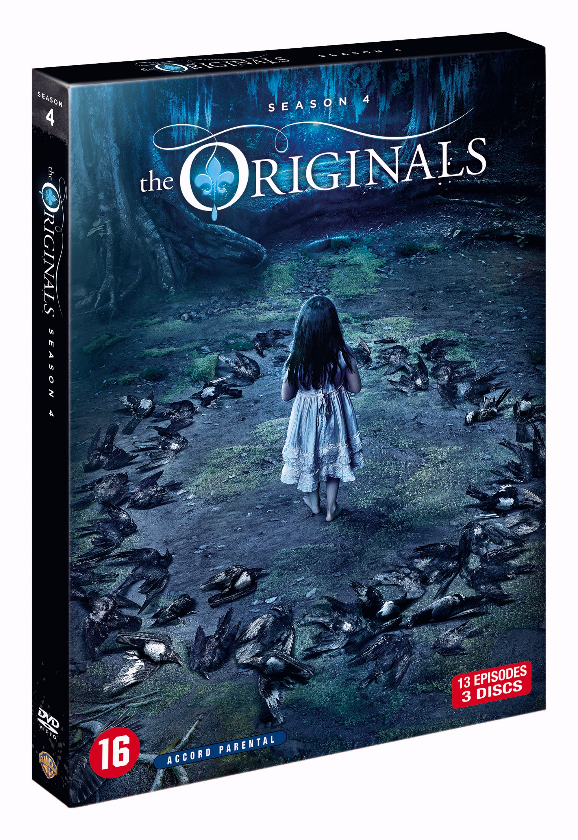 DVD-hoes voor "The Originals" seizoen 4, met een meisje in een bos omringd door kraaien.