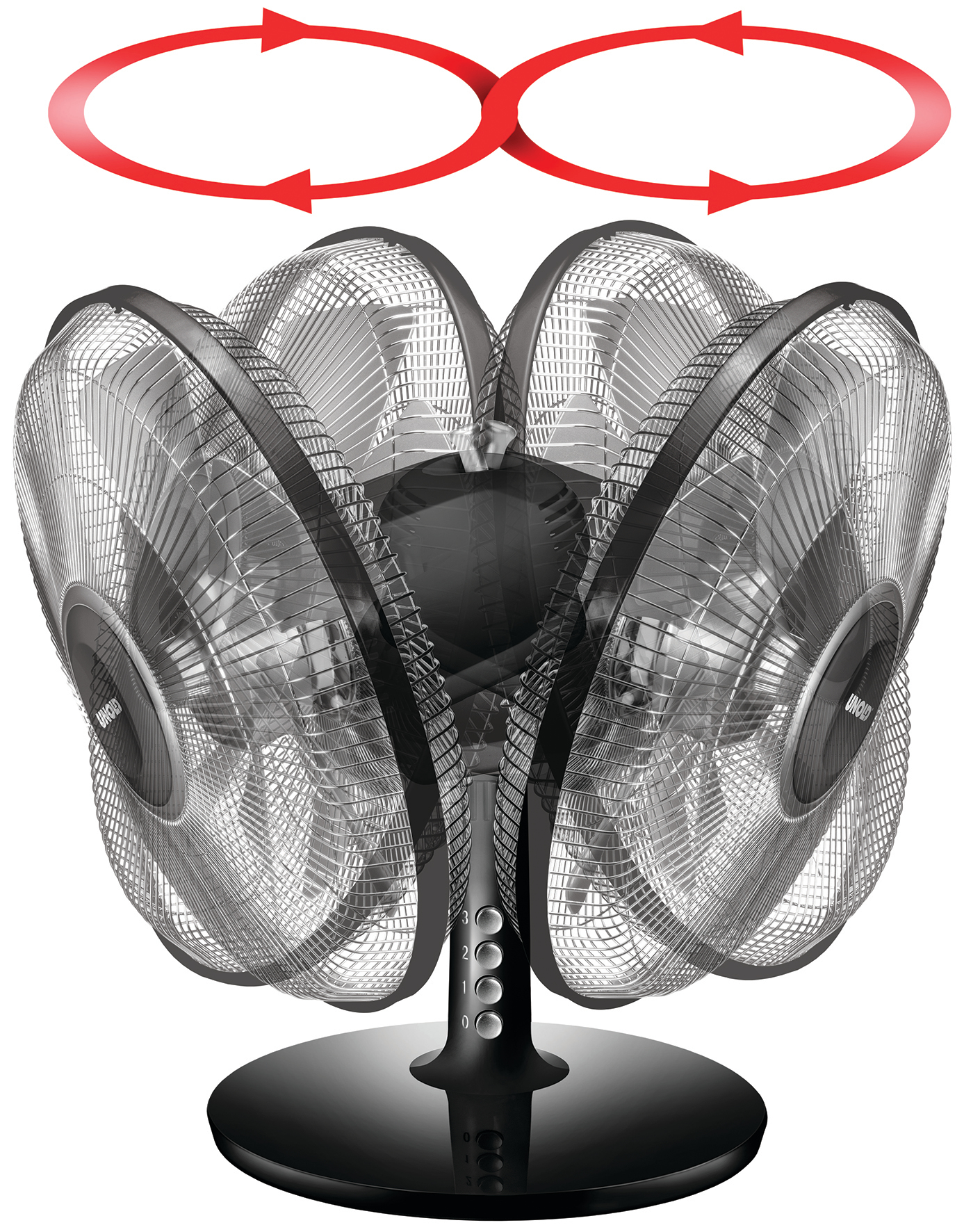 Ein Ventilator mit mehreren rotierenden Blättern, mit roten Pfeilen, die die Drehrichtung anzeigen.