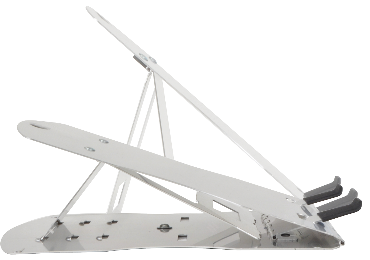 Silver laptop stand. It is angled and has supports for a laptop.