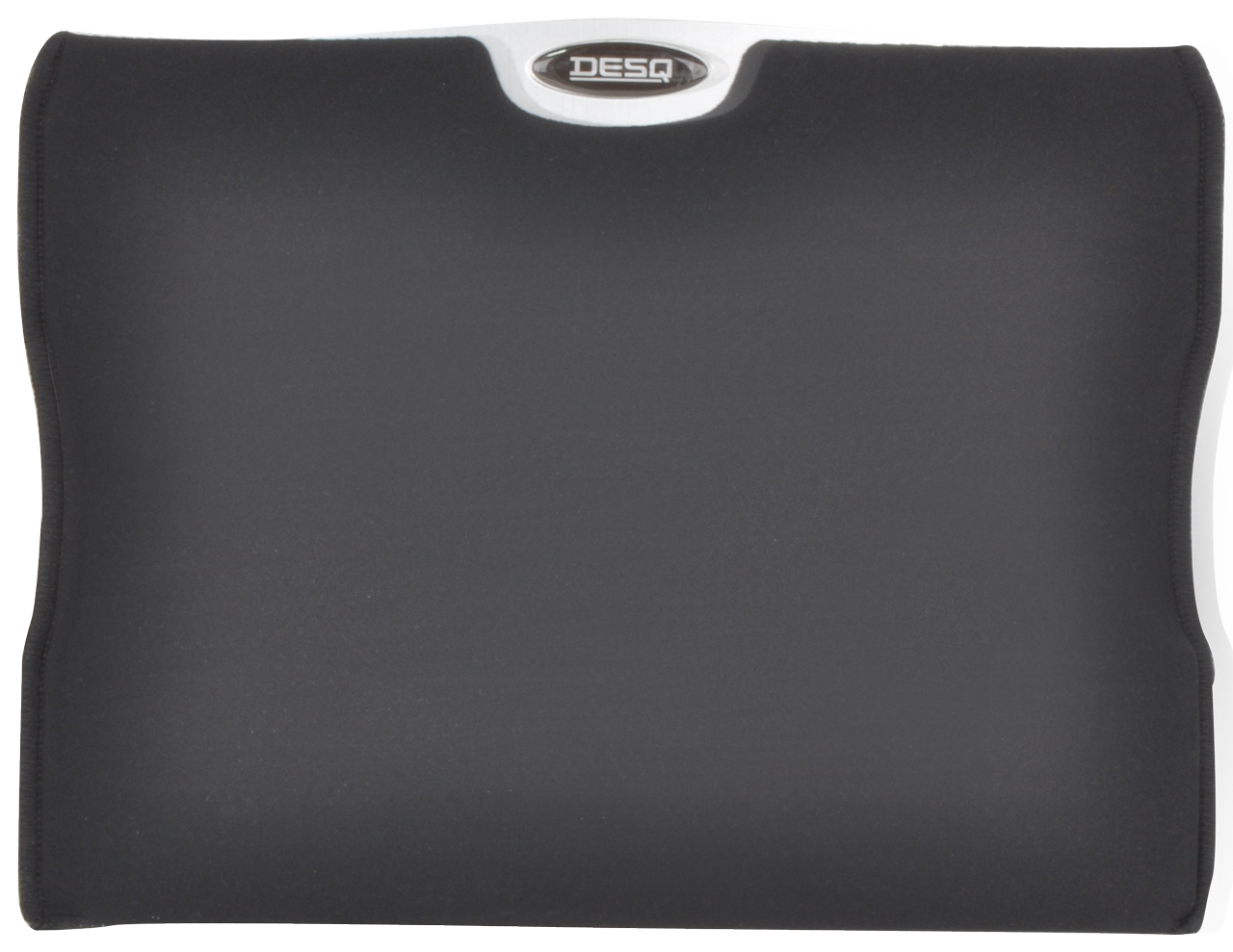 Black DESQ mouse pad on a white surface, with a silver DESQ logo. Clean setting.