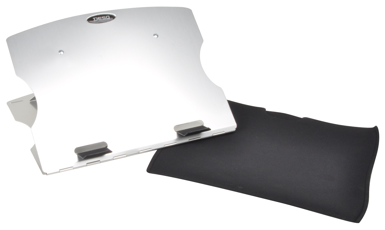 An aluminum laptop stand and a black pad.