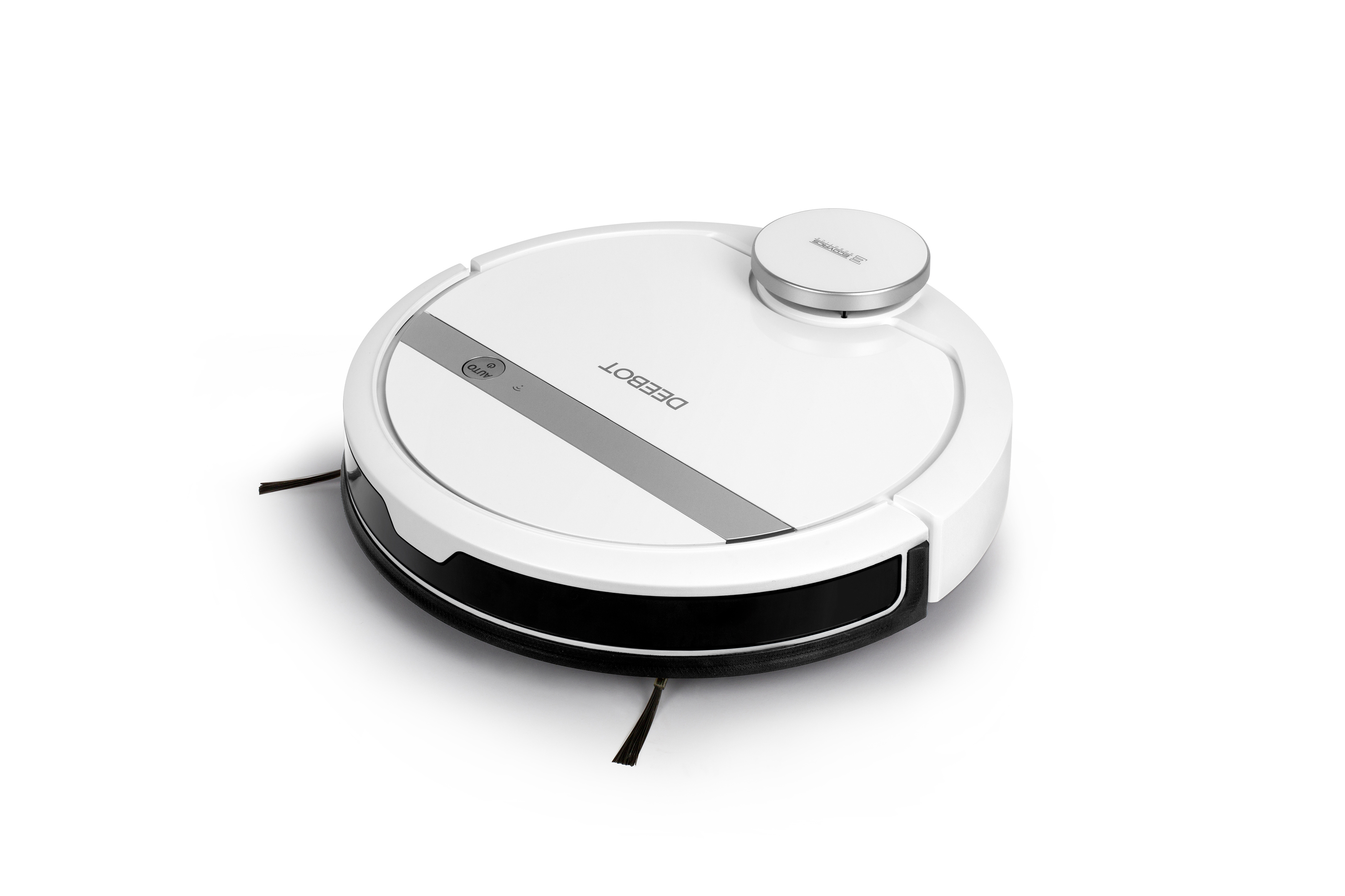 Weißer DEEBOT-Roboterstaubsauger auf weißem Hintergrund. Merkmale Silberakzente, schwarze Basis und kleine Bürsten.