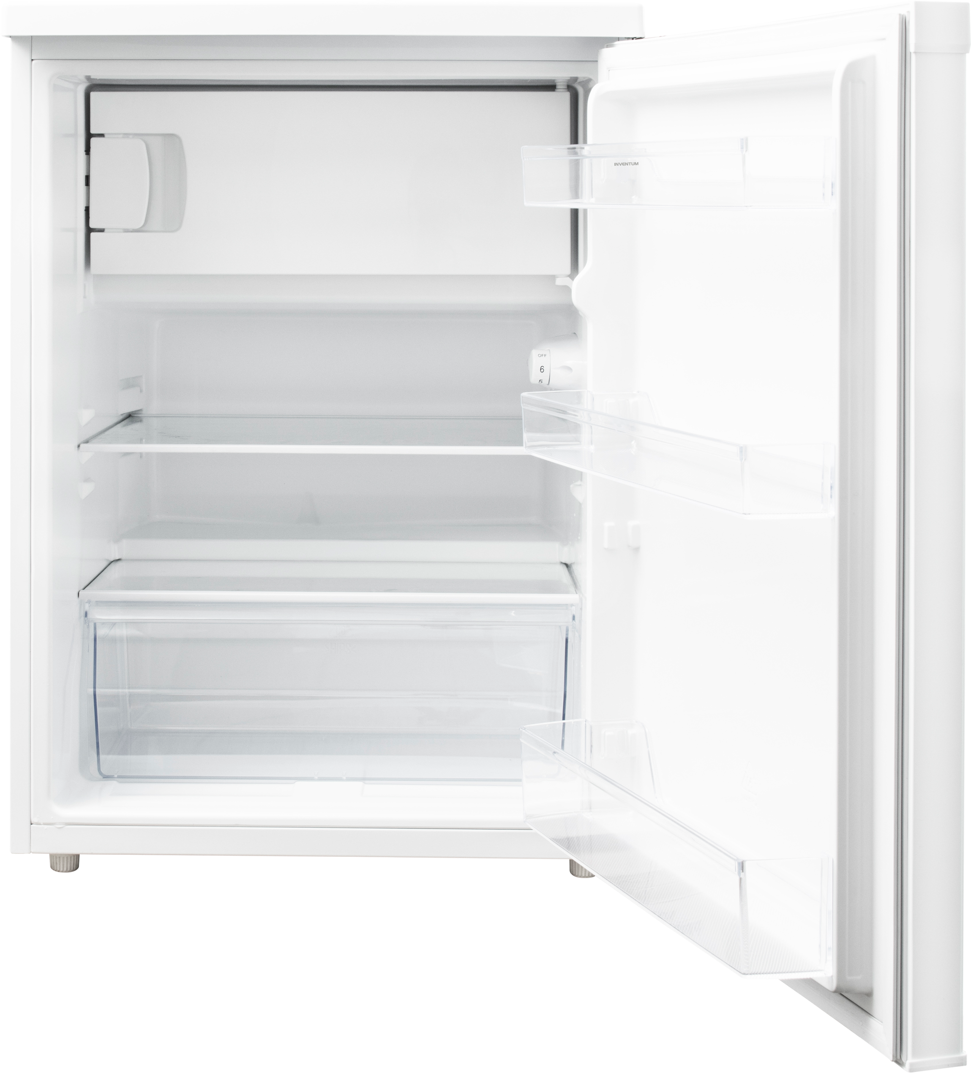 An empty white refrigerator with its door open, showing clear shelves inside.