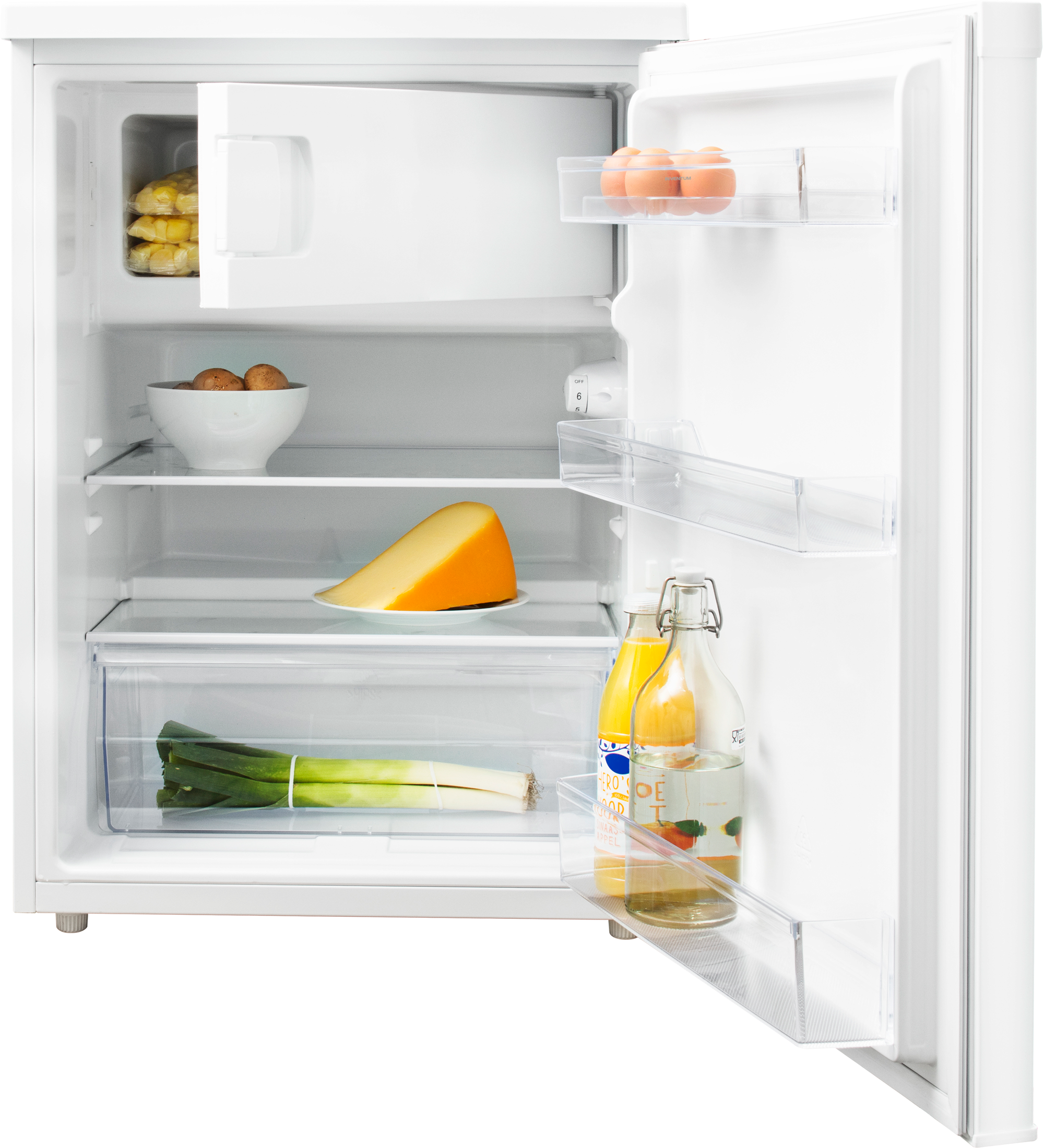 An open refrigerator showing eggs, cheese, leeks, and drinks.
