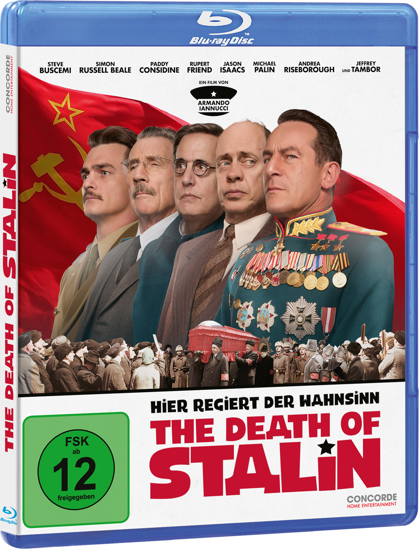 The Death of Stalin Blu-ray-Cover mit Schauspielern, roter Fahne und Text auf Englisch und Deutsch.