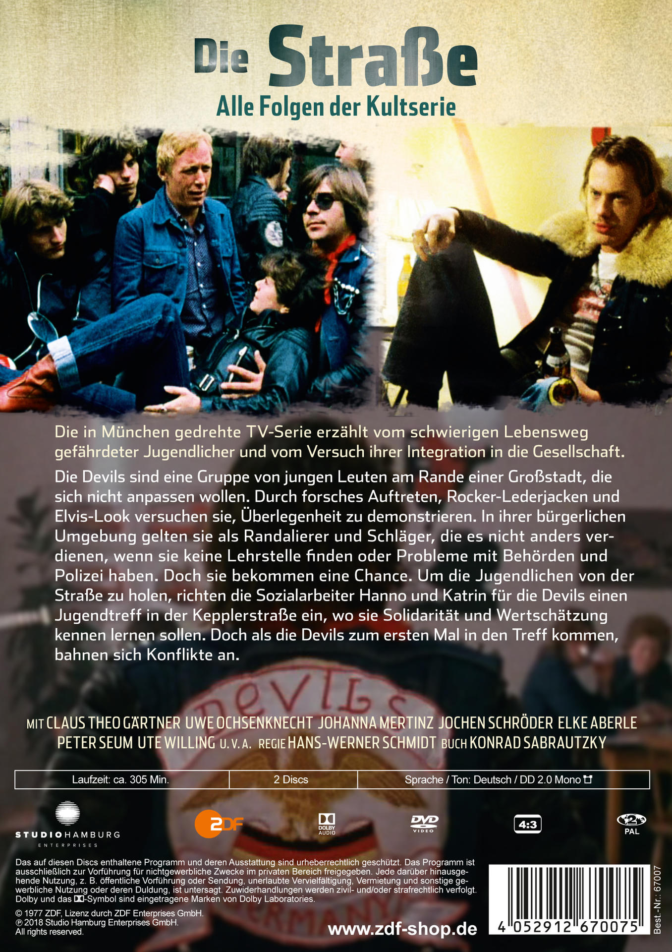 Rückseite einer DVD-Hülle mit Text und Bildern über eine TV-Serie.