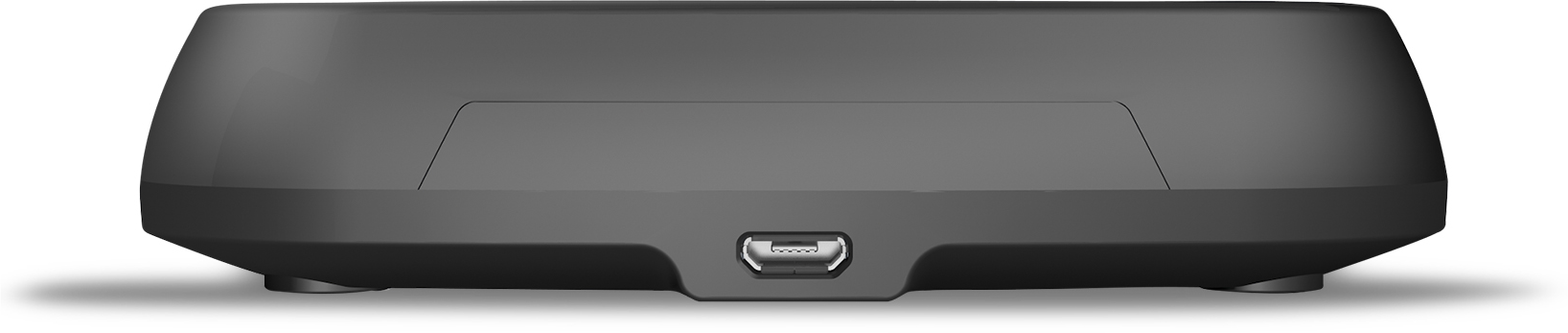 Fekete elektronikus eszköz USB porttal. Fekete, téglalap alakú eszköz, alul USB porttal.