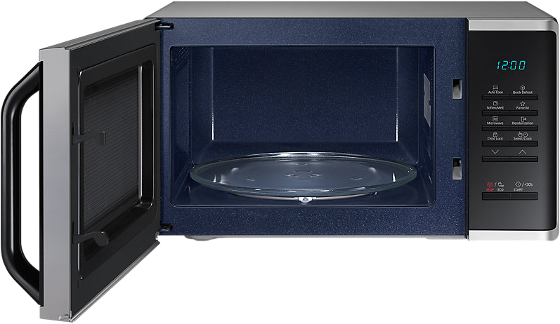 Nyitott mikrohullámú sütő üveglappal belül és digitális kijelzővel, amely az időt mutatja, vezérlőgombokkal.