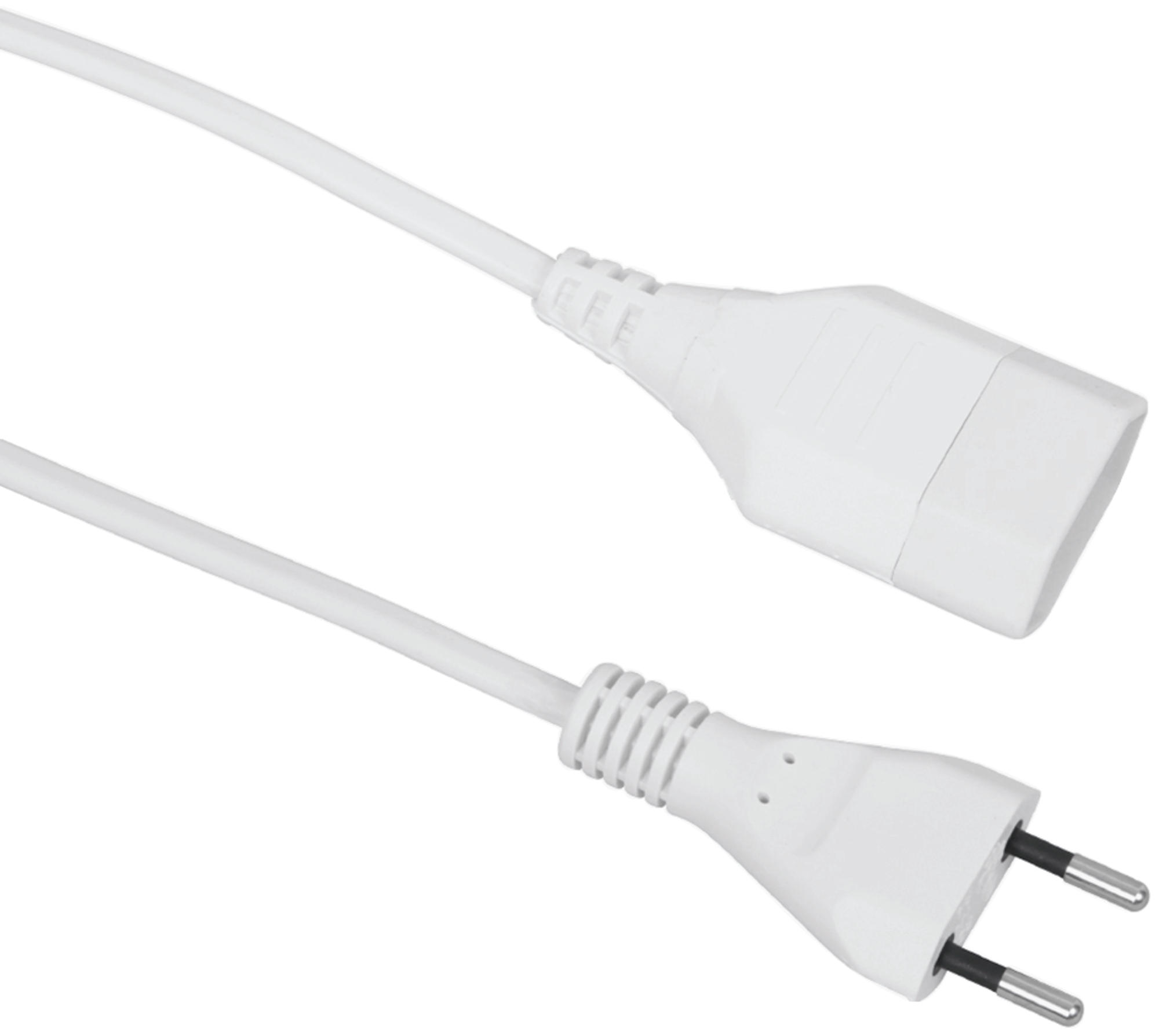 Weißes Netzkabel mit Buchse und zweipoligem Stecker, Nahaufnahme.