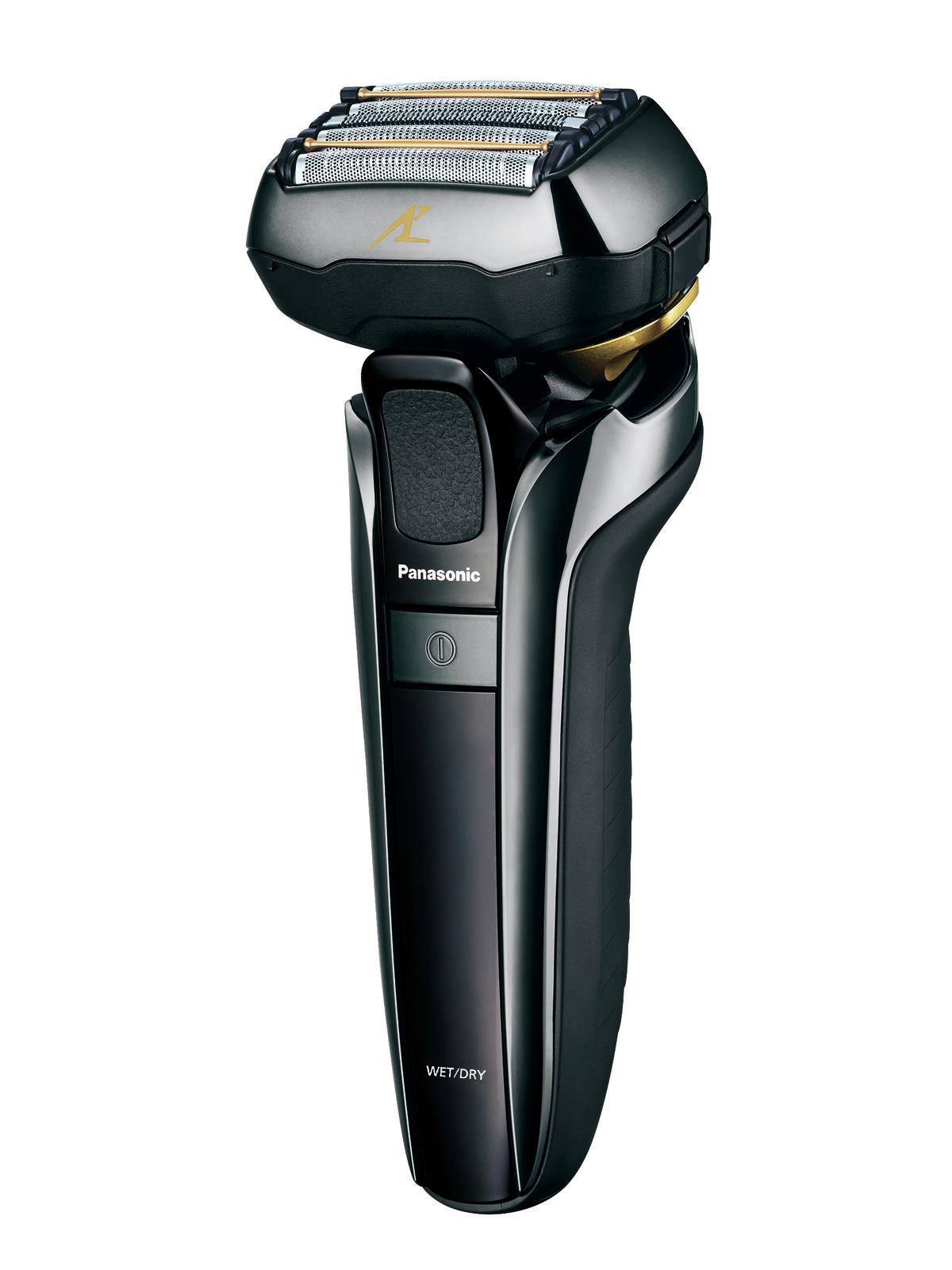 Ein schwarzer elektrischer Rasierer von Panasonic mit einem silber-goldenen Folienkopf.