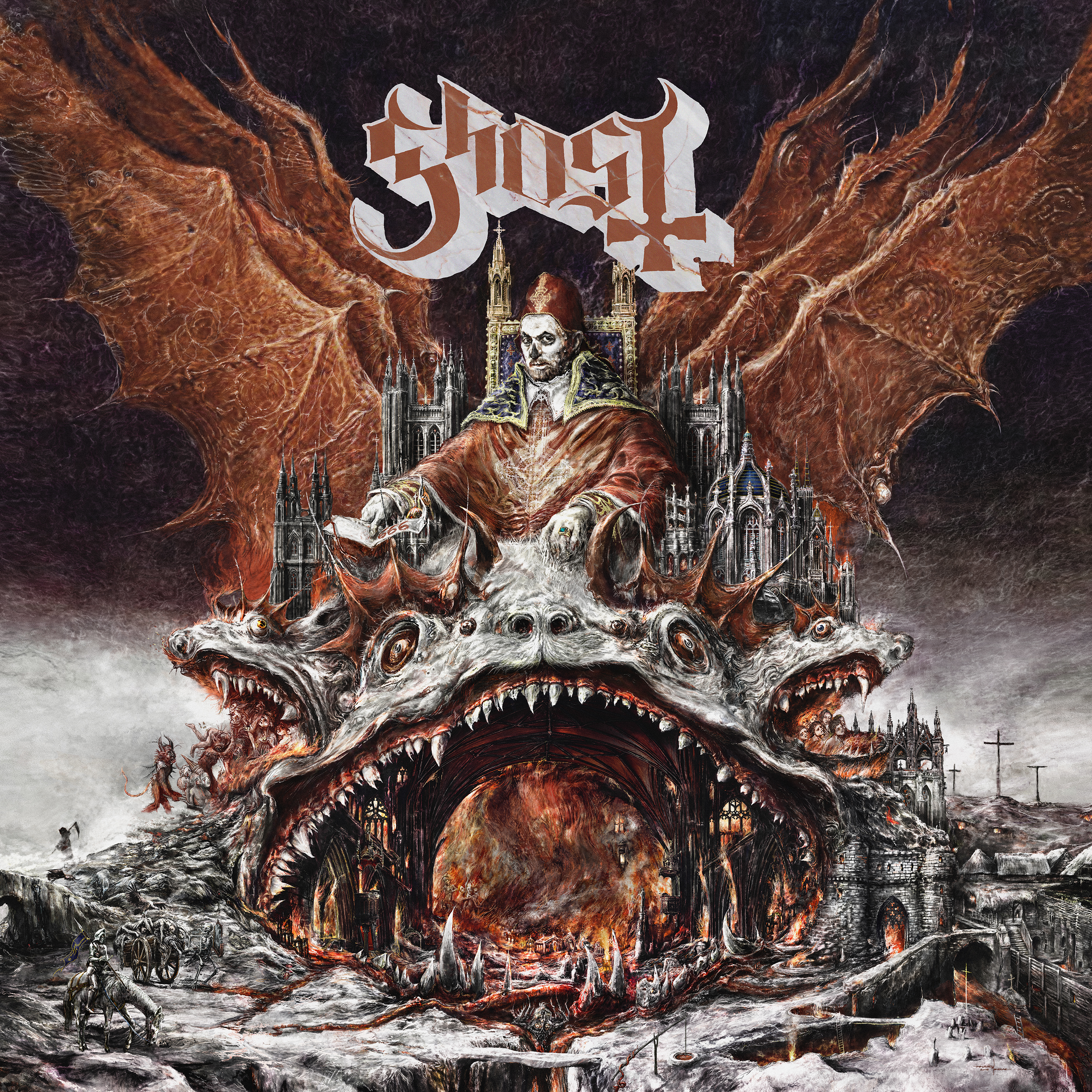 Albumcover-Kunst mit einer Illustration einer dämonischen Figur im gotischen Stil.