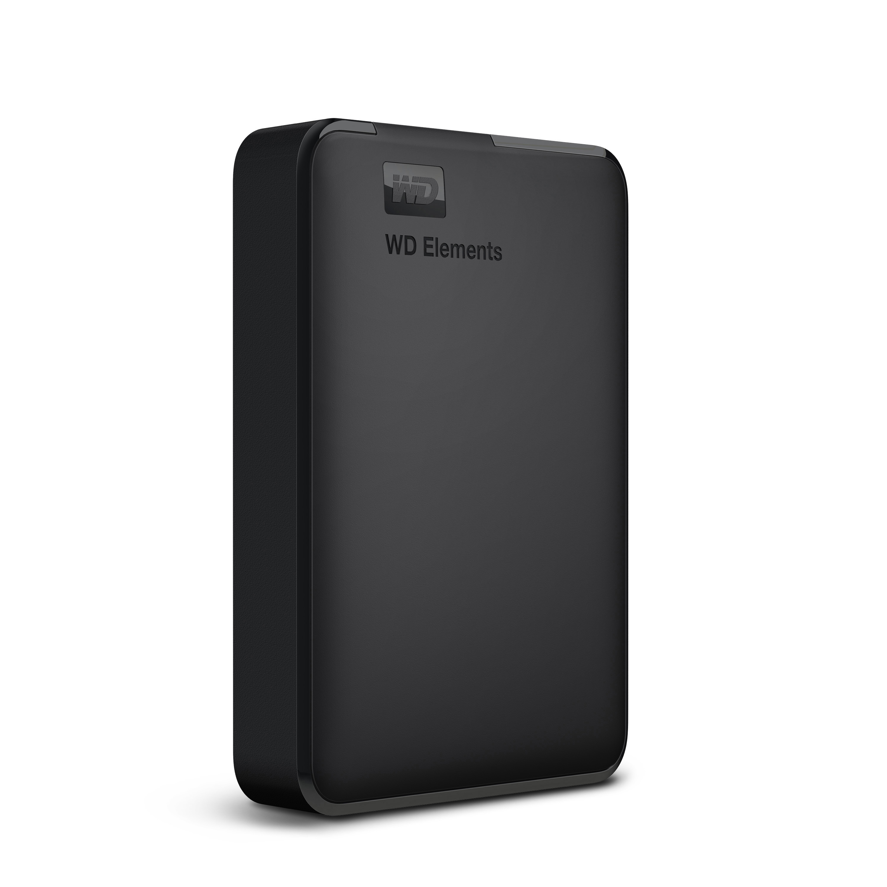 Schwarze externe Festplatte mit dem Logo 'WD Elements'. Rechteckige Form. Weißer Hintergrund.